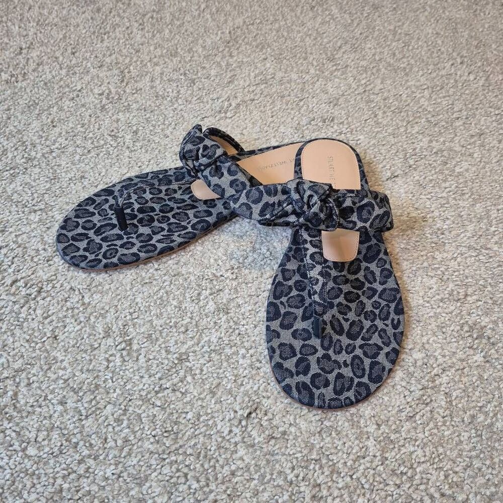 Stuart Weitzman Bandeau T-strap Slide in Leopard Printed Denim Size 9